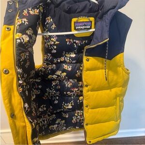 Patagonia Yellow and Navy Quilted Hooded Puffer Vest with Floral Lining